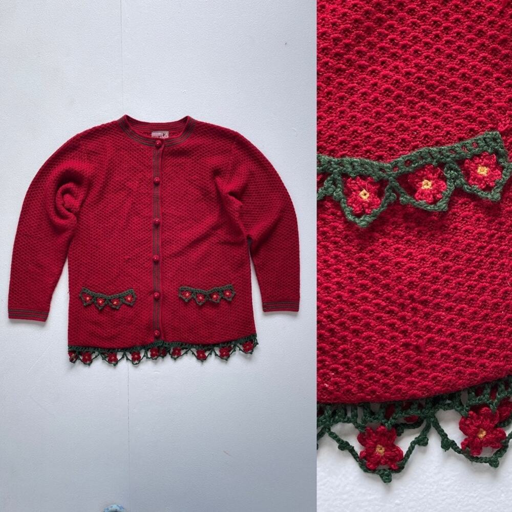 Vintage 90's Red Crochet Cardigan / April Cornell / Sz M / Floral / Cottagecore